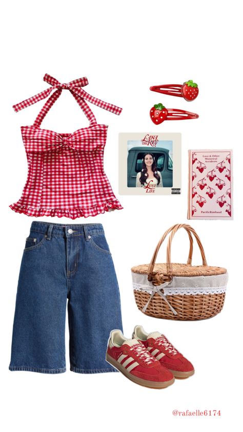 #fashion #outfit #strawberry #strawberrygirl #gingham #red #jorts #samba #lanadelrey Strawberry Clothing, Red Top Outfit, Strawberry Outfit, Gingham Outfit, Strawberry Girl, 90s Inspired Outfits, Space Outfit, 70s Outfits, Korean Casual Outfits