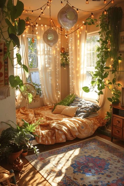 Room Ideas Handmade, Sun Bedroom Ideas, Bedroom Flowers Decoration, Plants For Room Decor, New Home Room Ideas, Practical Room Decor, Different Aesthetic Room Ideas, Cute Decor Ideas For Bedroom, Room Renovation Aesthetic