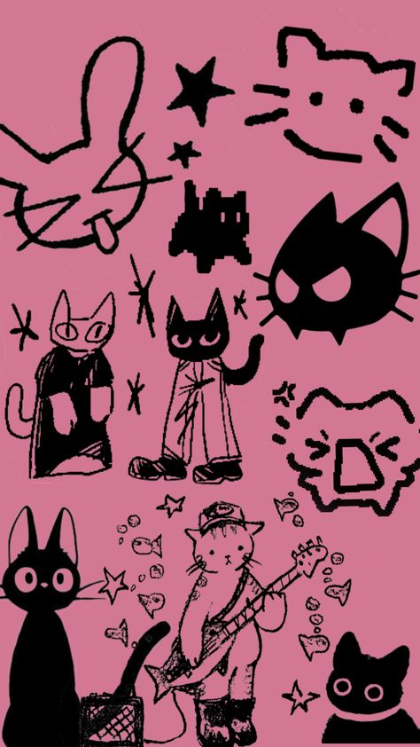 cat background :3 Kawaii Cat Wallpaper Aesthetic, Weird Phone Wallpaper, Cheengu Wallpaper, Cat Doodle Wallpaper, Phycadelic Aesthetic Wallpaper, Tuxedo Cat Wallpaper, Black Cat Wallpaper Aesthetic, Silly Cat Wallpaper, Meow Wallpaper