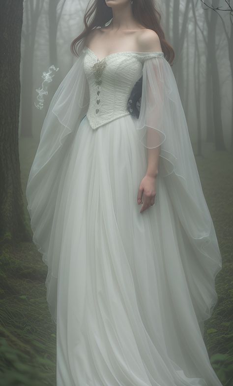 White Elven Gown, Ethereal Dress Goddesses White, Armored Wedding Dress, Wedding Dresses Goddess, Nature Goddess Outfit, Fairytale Wedding Bridesmaids Dresses, Wedding Fairy Dress, White Dress Fantasy Art, Fantasy Princess Aesthetic