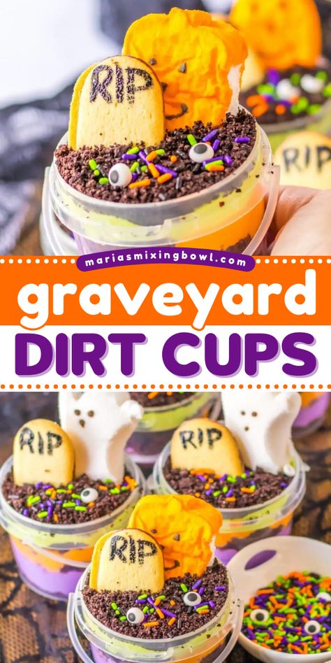 In search of Halloween treats for parties? Here's a Halloween dirt cup recipe! It's an easy Halloween dessert kids will love. With a combo of cake, pudding, and crushed Oreos, these DIY Graveyard Dirt Cups are cute and fun! Halloween Dirt Cups For Kids, Halloween Dirt Cake Recipe Easy, Make Your Own Dirt Cup Bar, Halloween Oreo Dirt Cake, Halloween Dessert Cups, Gravestone Dirt Cups, Individual Dirt Cake Cups, Dirt Cake Cups Halloween, Halloween Dirt Cake Cups