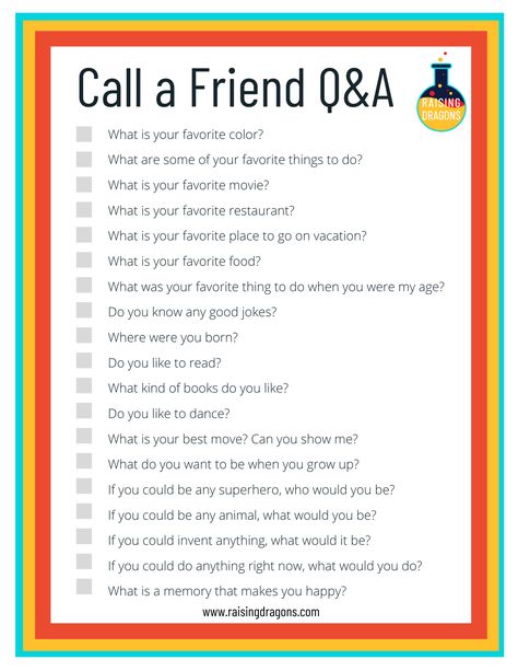 This simple list of questions is a fun way for kids to engage with their friends and family on calls and video chats! Great conversation starters! Weird Questions To Ask, Raising Dragons, Best Friend Test, Friends Trivia, Fun Quiz Questions, Who Knows Me Best, Bored Funny, Deep Questions To Ask, Best Friend Questions