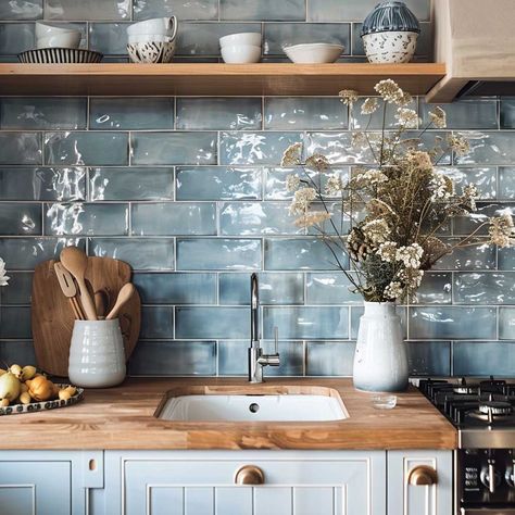 17+ Blue Kitchen Backsplash Designs for a Serene Cooking Space • 333+ Art Images Blue Ceramic Tile Kitchen Backsplash, Blue Cupboards Wood Countertop, Kitchen Ideas Blue Tiles, White And Blue Tiles Kitchen, Light Blue Kitchen With Butcher Block, Blue Countertops Kitchen Ideas, Kitchen Design Wallpaper, Farmhouse Kitchen Blue Backsplash, Kitchen Blue Tile Backsplash