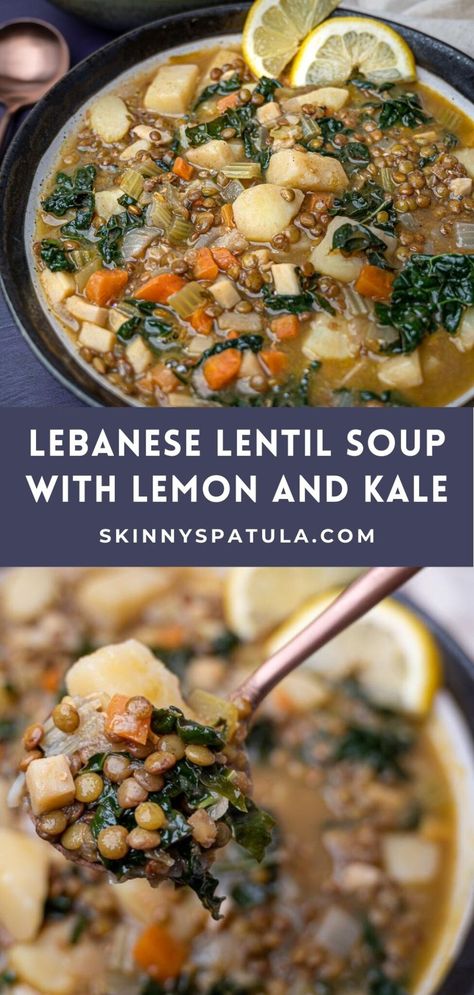 Kale Lemon Soup, Lebanese Soup, Lemon Lentil Soup Recipe, Lentil Soup With Lemon, Kale Soup Vegan, Ramadan Meals, Middle Eastern Lentil Soup, Heart Soup, Lentil Kale Soup