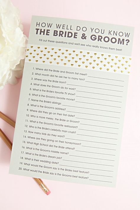 Free Printable How Well Do You Know The Bride and Groom Game Engagement Party Games, Wedding Games For Guests, Reception Games, Wedding Reception Games, Wedding Activities, Wedding Entertainment, Wedding Games, Bridal Shower Games, Trendy Wedding