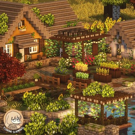 Minecraft House With Garden, Minecraft Building Ideas Mizuno, Cottage Core Minecraft Garden, Cottagecore Minecraft Garden, Minecraft Garden Aesthetic, Minecraft Build Cottagecore, Minecraft Library Aesthetic, Minecraft Mizunos House, Minecraft Community Garden