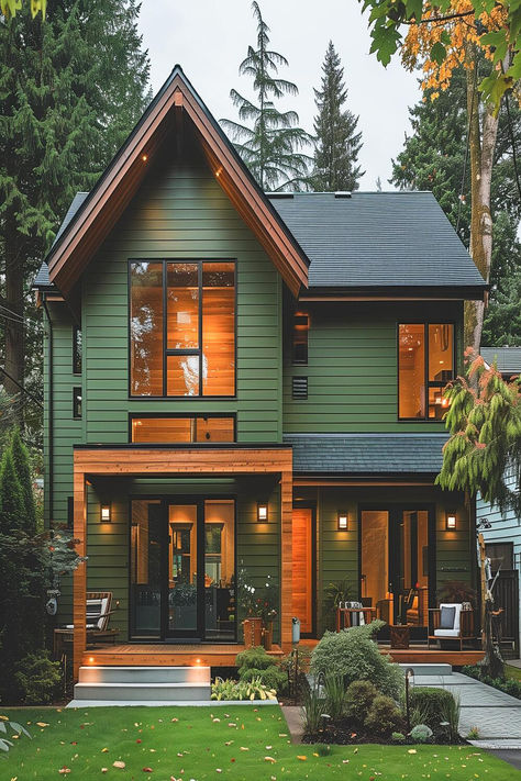 Sleek contemporary home with striking green exterior. Dark Green Exterior House With Natural Wood Elements, Green Wooden House, Forest Green House, Houses Painted Green, Forest Green House Exterior, Green Aesthetic House Exterior, Cabin House Exterior, Green Mountain Home Exterior, Green Home