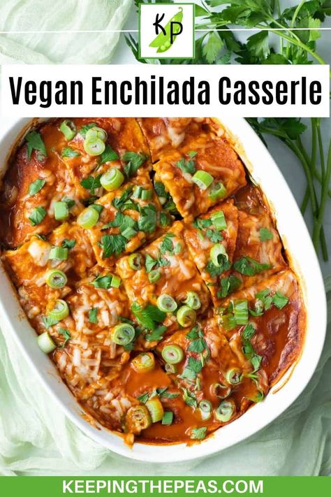 An easy vegan enchilada casserole layered with corn tortillas, black beans, and spinach. A family-friendly meal that's ready in 30 minutes! Vegan Mexican Casserole, Dairy Free Enchiladas, Vegan Enchilada Casserole, Vegan Casserole Recipes, Spinach Enchiladas, Vegan Enchiladas, Vegan Casserole, Recipes With Enchilada Sauce, Enchilada Casserole Recipes