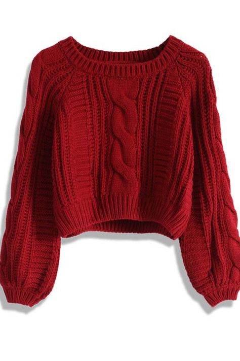 Sweater weather! Here are the top cropped and cozy sweaters for fall Wine Sweater, Red Cable Knit Sweater, Cropped Cable Knit Sweater, Shirts Crop Tops, شال كروشيه, Chunky Cable Knit Sweater, Shirts Crop, Red Jumper, Puff Sleeve Shirt