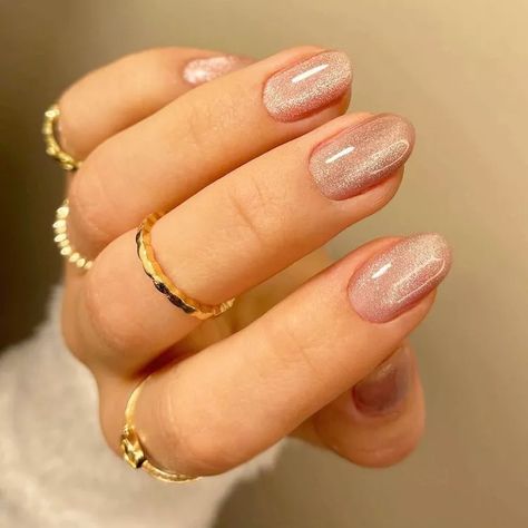 Nude Cats Eye Nails, Velvet Nails Pink, Natural Cat Eye Nails, Velvet Nails Acrylic, Fun Bridal Nails, Natural Short Nail Designs, Gold Pink Nails, Pink Velvet Nails, Russian Manicure Design