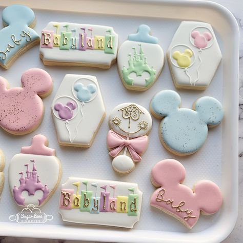 Sugar Lane Cookies (@sugarlanecookies) | Instagram profile Baby Disney Baby Shower Ideas, Gender Reveal Themes Disney, Vintage Disney Cookies, Disney Theme Gender Reveal, Disneyland Cookies Decorated, Disneyland Gender Reveal, Baby Land Baby Shower Theme, Disney Baby Shower Cake, Disney World Baby Shower Ideas