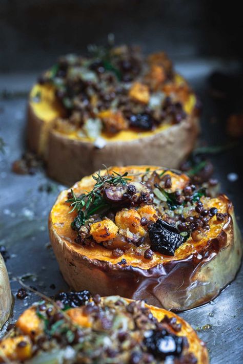 Filled with all the flavours of the festive season, this Holiday Stuffed Squash recipe is a completely delicious but lighter twist on a festive roast. Roasted butternut squash rounds filled with a lightly spiced chestnut, quinoa and lentil stuffing scattered with dried cherries. This main is vegan, gluten-free and so wonderful | www.mygoodnesskitchen.com | #holidayrecipes #main #veganholidayrecipes Stuffed Butternut Squash, Stuffed Butternut, Stuffed Squash, Vegan Holiday Recipes, Squash Recipe, Dried Cherries, Roasted Butternut, Roasted Butternut Squash, Squash Recipes