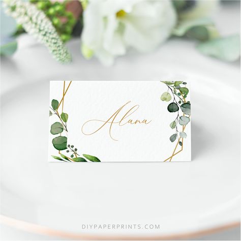 Greenery Place Cards, Wedding Templates, Printable Guest Name Cards, Wedding Place Cards template, Eucalyptus, AMY by DIYPaperPrints on Etsy Eucalyptus Place Cards, Eucalyptus Name Card, Wedding Dinner Place Cards, Wedding Guest Cards Table, Hand Written Name Cards, Guest Cards Wedding, Guest Name Cards Wedding, Guest Names On Table, Diy Wedding Name Place Cards