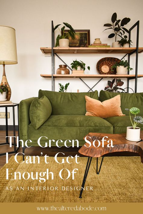 The green velvet sofa I can't get enough of. I styled this green sofa with plants, baskets, and vintage art to create a warm and earthy plant filled living room. Sofa With Plants, Plant Filled Living Room, Living Room With Green Sofa, Bookshelf With Plants, Green Couch Decor, Styled Bookshelf, Velvet Green Couch, Green Velvet Sofa Living Room, Cozy Living Room Warm