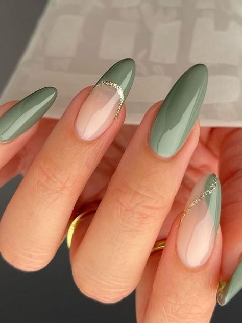 sage green nails with French tips Solid And French Tip Nails, Partial French Tip Nails, Spring Nails 2023 Green, Nails To Match Sage Green Dress, Save Green Nails, Dip Spring Nails, One Nail Art, Almond Nails Nail Art, Green Acrylic Nails