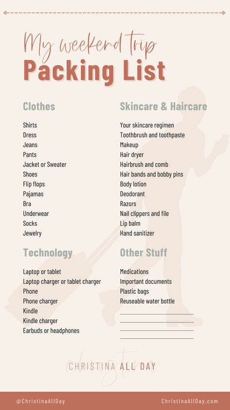 What to Pack for a Weekend Trip List • Christina All Day What To Take On A 5 Day Trip, Things To Pack For A Weekend Trip, How To Pack For 15 Days Trips, Saving For A Trip, Packing List 2 Days, What To Pack For A Two Day Trip, Weekend Trip Packing List Fall, Weekend Packing List Travel Light, What To Bring To A Hotel