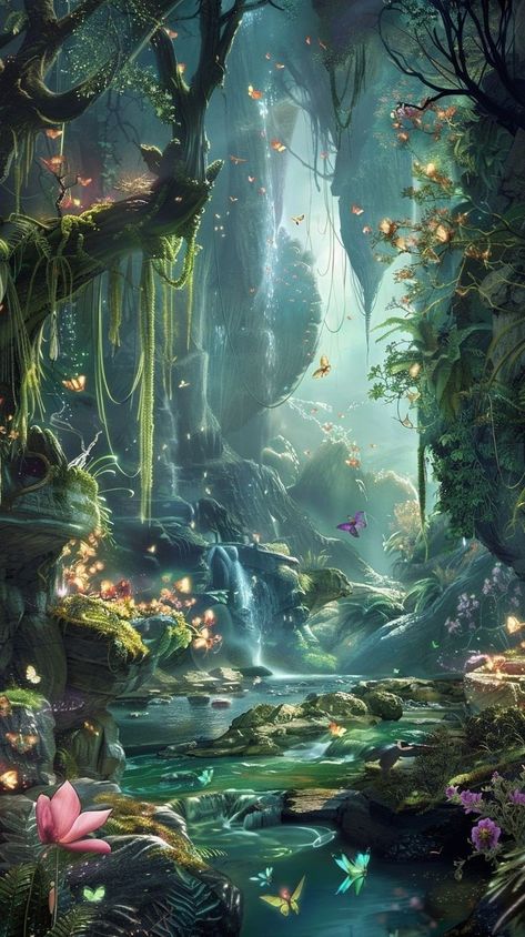 Fantasy Landmarks, Fantasy Forest Landscape, Simple Cute Hairstyles, Enchanting Wallpaper, Forest Paintings, Wonderland Wallpaper, Fantasy Wallpaper, Enchanting Forest, Magic Land