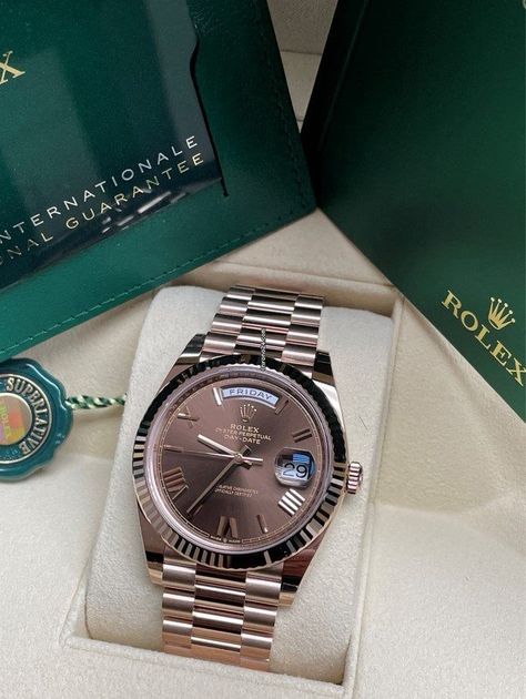 Rolex Rose Gold Day-Date 40mm Chocolate Roman Rolex Day Date Chocolate Dial, Rose Gold Rolex Men, Rolex Rose Gold, Trendy Watches, Rolex Watches For Men, Gold Luxury, Gold Watch Men, Best Watches For Men, Rolex Watch