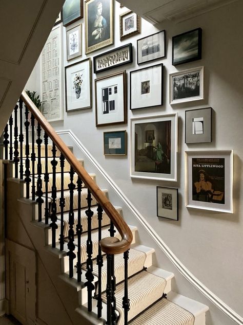 Collage Staircase Wall, Stairwell Wall Art Ideas, Photo Frame Staircase, Gallery Wall Ideas Staircase, Small Staircase Gallery Wall, Stair Case Gallery Wall, Stairwell Photo Gallery, Up The Stairs Gallery Wall, Gallery Wall Up Stairs