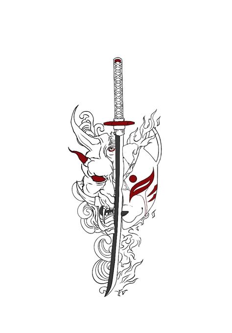 Tattoo idea, Oni Mask, Kitsune Mask, Katana, Weight between Water and Fire Oni Mask Tattoo Female, Naruto Mask Tattoo, Kitsune Mask Tattoo Design Black, Oni Mask Knife Tattoo, Japanese Tattoos Kitsune, Hana Masks Tattoo, Anime Swords Ideas Tattoo, Anime Mask Tattoo, Tattoes Idea Aesthetic