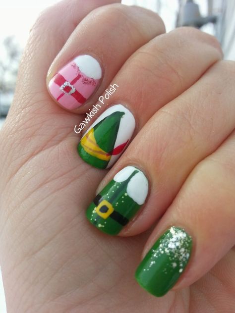 7bb060764a818184ebb1cc0d43d382aa Christmas Nails Buddy The Elf, Elf Nails Acrylic, Elf Movie Nails Designs, Buddy The Elf Nails Designs, Elf Movie Nails, Elf Nails Christmas, Buddy The Elf Nails, Christmas Story Nails, Elf Christmas Nails