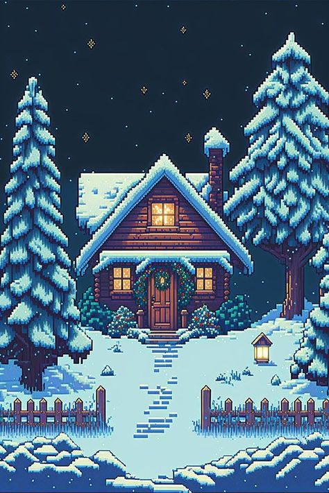 wallpaper pixel art, fantasy landscape, snow world, wooden cabin, yellow lights, night, Christmas Night Pixel Art, Pine Trees Christmas, Pixel Art Wallpaper, Christmas Lights Wallpaper, Pixel Art Landscape, Snow Night, Graphics Game, Pixel Art Pokemon, Pixel Art Background