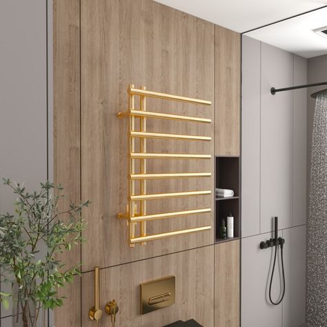 Leto 8 Towel Warmer in Gold 33 X 24 Towel Warmer Drawer Bathroom, Towel Warmer Drawer, Towel Rack Warmer, Brass Towel Warmer, Brass Heated Towel Rack, Warm Bathroom, Dream Master, Bathroom Oasis, Free Mirror