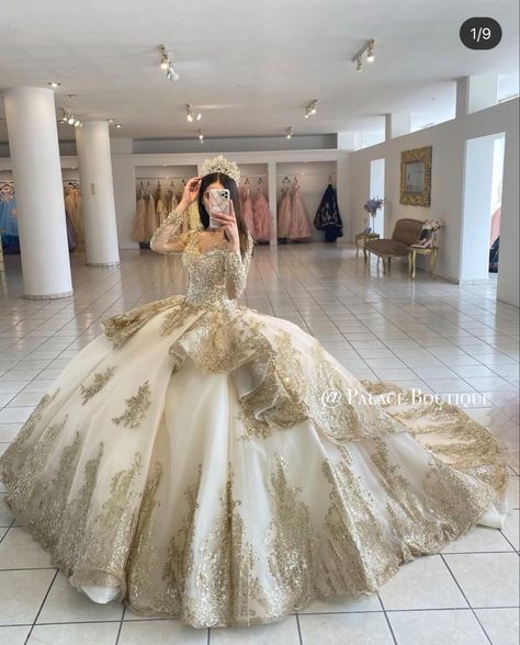 Beige Debut Gown, Golden Quinceanera Dresses, Aesthetic Quinceanera Dresses, Champagne Quince Dress, Champagne Quince Dresses, Xv Ideas, Vestido Charro, Xv Dresses, Champagne Quinceanera Dresses