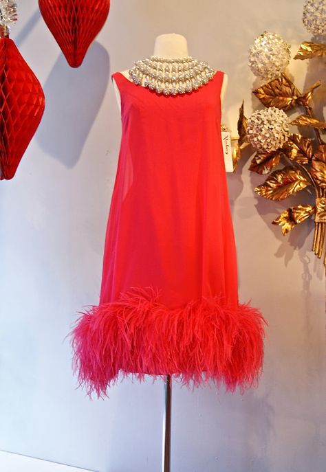 60s Cocktail Dress // 60s Party Dress // Vintage by xtabayvintage, $398.00 50s Feather Dress, Red Satin Dress With Feathers, Red Evening Dresses With Feather Trim, 70’s Feather Dress, 70s Feather Robe, Vintage Dress Outfit, 60s Fashion Women, 60s Cocktail Dress, Hope Fashion