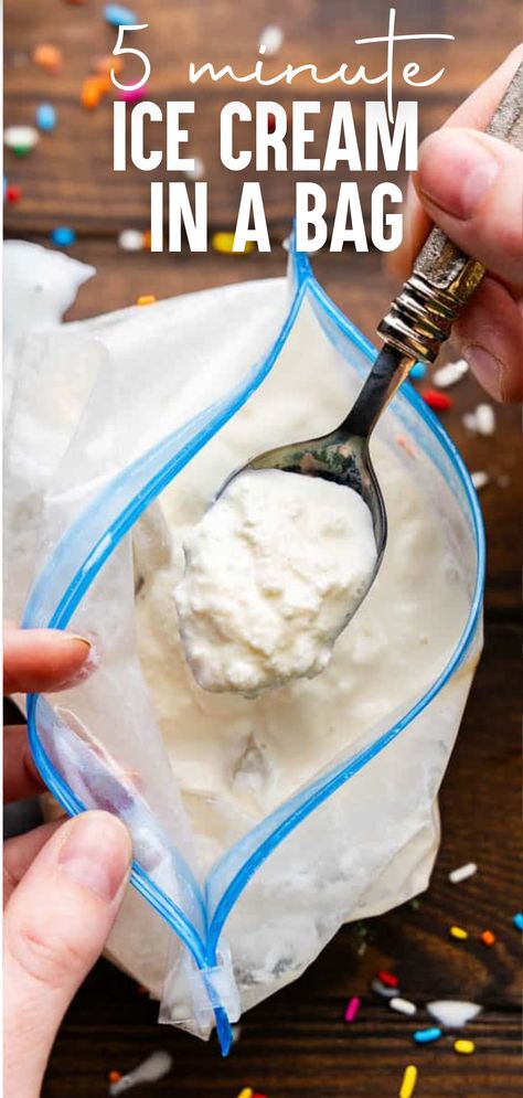 An overhead view of a ziploc bag full of homemade vanilla ice cream. 5 Minute Ice Cream In A Bag, Diy Easy Ice Cream, No Turn Ice Cream, Homemade Yogurt Ice Cream, How To Make Homemade Ice Cream Easy, Diy Homemade Ice Cream, Ice Milk Ice Cream, Simple Homemade Ice Cream 3 Ingredients, Quick Homemade Ice Cream