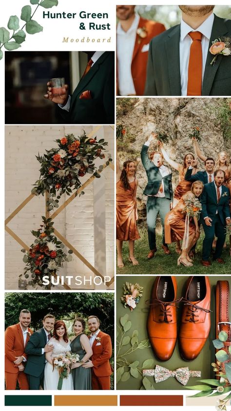 Wedding Colors Fall Sunflowers, 2023 Wedding Color Palette, Rust And Sage Wedding, Color Schemes Wedding, Fall 2023 Wedding, Green Fall Weddings, Hunter Green Wedding, Forest Green Wedding, Orange Wedding Themes