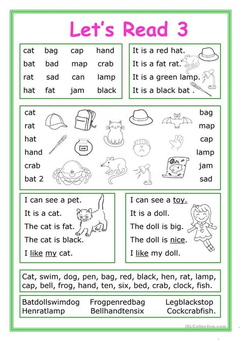 Let's Read 3 - English ESL Worksheets for distance learning and physical classrooms Teaching To Read, Learn Reading, Preschool Reading, Reading For Beginners, English Worksheet, Learning English For Kids, English Phonics, Reading Practice, Beginning Reading