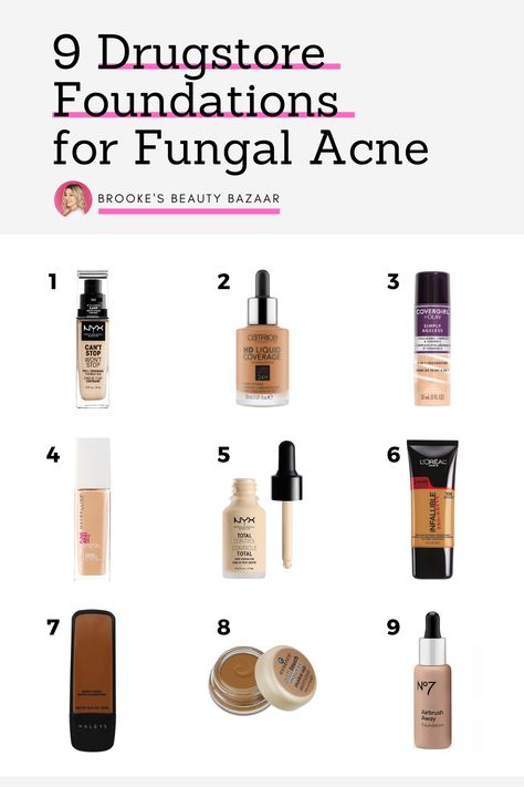 These are the 9 best drugstore foundations you can use if you have fungal acne. These products won't feed malassezia yeast or lead to tiny forehead bumps / fungal acne breakouts. Formulas range from lightweight and luminous to full coverage and matte finish from makeup brands you trust. Many of these foundations are Allure Best of Beauty Award Winners from Maybelline, NYX, L'Oreal, &Covergirl. You'll love the inexpensive price, too! #fungalacne #foundation #drugstore #maybelline #fullcoverage Best Make Up For Acne Prone Skin, Acne Safe Drugstore Powder, Acne Safe Foundation Drugstore, Acne Prone Makeup Products, Fungal Acne Products, Acne Safe Makeup Drugstore, Best Makeup For Acne Prone Skin, Acne Safe Skin Tint, Acne Safe Drugstore Makeup