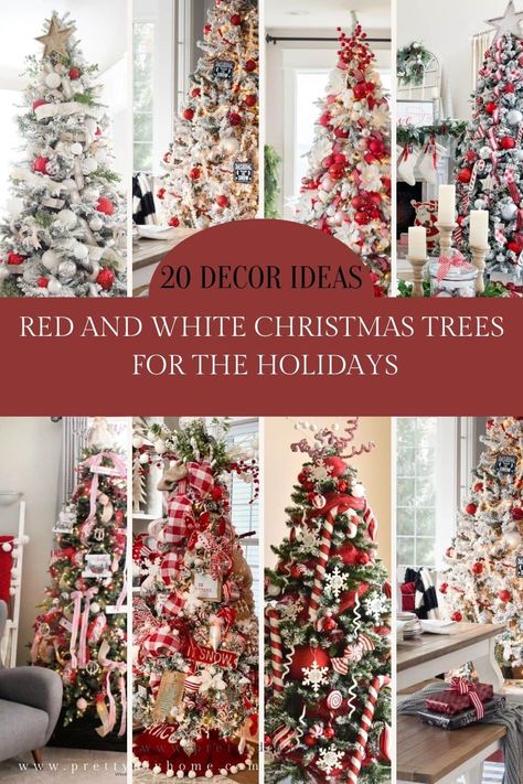 Christmas Tree Ideas Red And Champagne, Red And White Bows On Christmas Tree, Flocked Christmas Trees Decorated Red And White, White And Red Christmas Decor Ideas, Magical Christmas Tree Ideas, How To Decorate A Christmas Tree With Tulle, Red And White Christmas Tree Theme, White Red Christmas Tree Ideas, Red White Xmas Tree