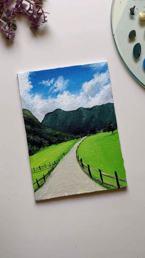 Simple Watercolor Landscapes For Beginners, Landscape Paintings For Beginners, Mini Paintings Simple, Landscape Painting Ideas For Beginners, Poster Colour Painting, Painting Hacks, Canvas Art Painting Abstract, Mini Toile, Road Painting