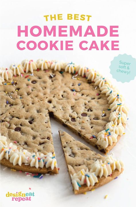 This easy and Chewy Cookie Cake Recipe is the perfect way to celebrate birthdays or other special occasions! It tastes so much better than store-bought and only costs about $8 to make! Leave unfrosted or top with my favorite vanilla buttercream and sprinkles for a simple homemade cake! Birthday Chocolate Chip Cookie Cake, 8 Inch Cookie Cake, Best Homemade Cakes Recipes, Sprinkle Cookie Cake, Making A Birthday Cake At Home, Cookie Sheet Cake Recipe, How To Make Cookie Cake Homemade, Two Layer Cookie Cake, Cookie Cake Recipe Chocolate Chip