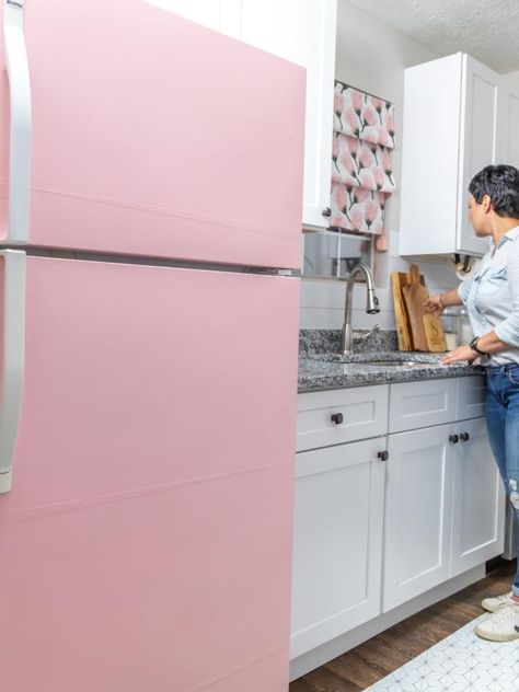 18 Totally Removable DIYs for Your Rental | HGTV Ugly Fridge, Apartment Upgrades, Decorative Metal Sheets, Renter Friendly Decorating, Diy Swag, Leftover Tile, Stove Backsplash, Chip And Jo, Rental Kitchen