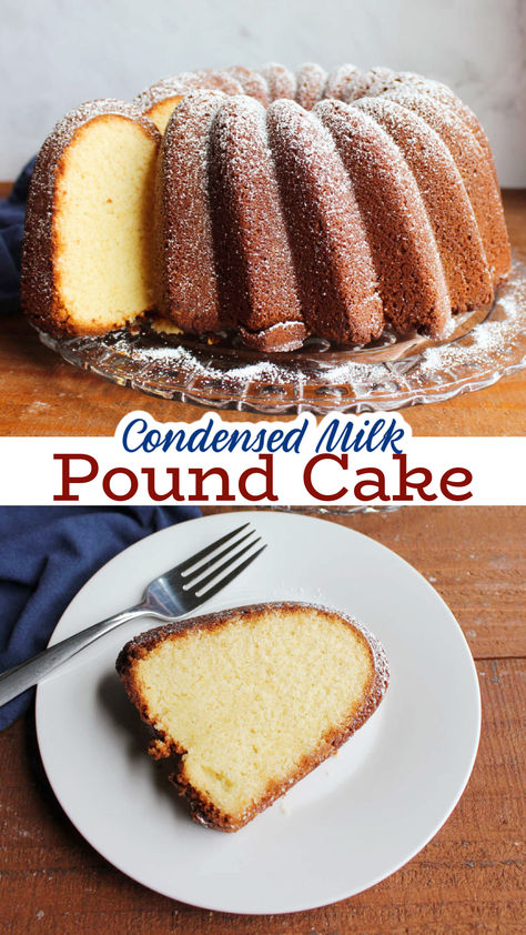 Condensed milk pound cake is rich, tender, and also pleasantly dense in all of the ways a good pound cake should be. This recipe forms a nice crust and beautiful pound cake crumb that is fabulous on its own but can hold up to plenty of fruit, whipped cream, or whatever toppings you like. Mile High Pound Cake Recipe With Condensed Milk, Sweetened Condensed Pound Cake, Sweet Condensed Milk Bread Recipe, Condensed Milk Bundt Cake, Marguerite Allen Pound Cake, Dense Pound Cake Recipe, Best Ever Pound Cake, Mike High Eagle Brand Milk Pound Cake, Mile High Eagle Brand Pound Cake