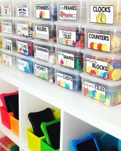 10 Math Center Organization Tips to Save You Hours of Prep Work! - Teaching with Jillian Starr Preschool Organization, Math Manipulative, Classroom Organization Elementary, Teaching Organization, Kindergarten Classroom Decor, Bin Labels, Elementary Classroom Decor, Homeschool Room, Classroom Organisation