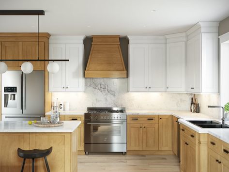 Two-Tone Kitchens in 2024: Everything You Need to Know Fabuwood Cabinets, Natural Wood Kitchen Cabinets, Kitchen Color Trends, Top Kitchen Cabinets, Two Tone Kitchen Cabinets, Natural Wood Kitchen, Kitchen Cabinet Trends, Timber Kitchen, Two Tone Kitchen