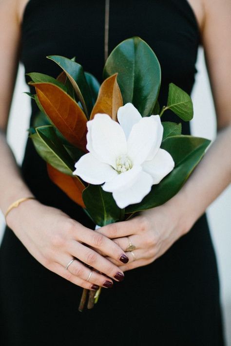 Magnolia leaf bouquet - Gorgeous for a bridesmaid in black. Simple Bridesmaid Bouquets, Magnolia Bouquet, Magnolia Wedding, Minimalist Wedding Decor, Bridesmaid Bouquets, Palm Springs Wedding, Wedding Decor Inspiration, Deco Floral, Bridesmaid Flowers