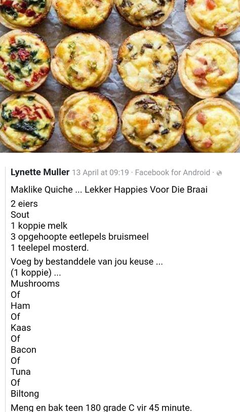 Klein Souttertjies, Sout Tertjies, Easy Tart Recipes, Breakfast Quiche Recipes, Quiche Recipes Easy, Cookie Recipes Homemade, Catering Ideas Food, Appetizers Easy Finger Food, Quiche Recipes