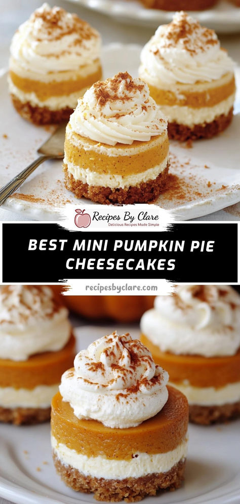 These mini cheesecakes combine a smooth cream cheese layer with a spiced pumpkin pie topping, making them the perfect bite-sized treat for autumn gatherings.  Ingredients:  1 cup graham cracker crumbs 8 oz cream cheese, softened 1/2 cup pumpkin puree 1/4 teaspoon ground cinnamon A delightful fusion of creamy cheesecake and spiced pumpkin pie, these mini treats are perfect for Thanksgiving or cozy fall celebrations! Pumpkin Pie Crackers And Cheese, Pumpkin Cream Cheese Cheesecake, Pumpkin And Cream Cheese Desserts, Mini Pumpkin Cream Cheese Pies, Pumpkin Spice Mini Cheesecakes, Layered Pumpkin Pie Cheesecake, Thanksgiving Dessert Cheesecake, Turtle Pumpkin Cheesecake, Small Cheesecake Minis