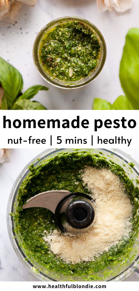 healthy nut-free basil pesto recipe made without pine nuts Basil Pesto Recipe Without Pine Nuts, Nut Free Pesto, Basil Pesto Recipe, Homemade Pesto Recipe, Pine Nut Recipes, Healthy Pesto, Basil Pesto Recipes, Basil Recipes, How To Make Pesto