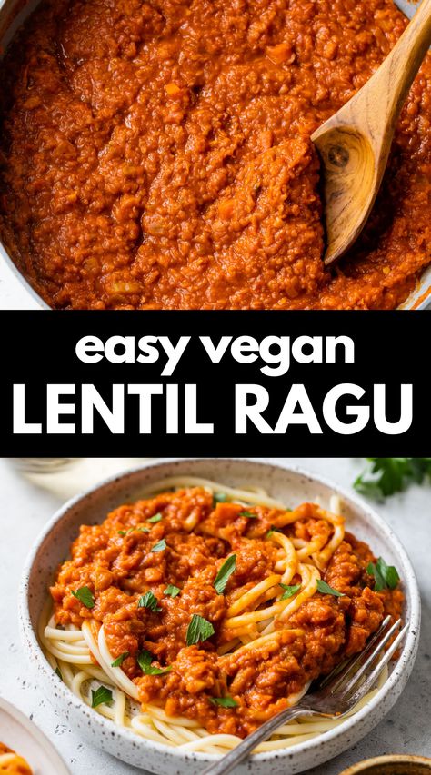 This Lentil Ragu recipe puts a vegetarian spin on a classic Italian meat sauce. It’s packed with veggies and red lentils, ready in less than 35 minutes, and doesn’t skimp on the rich, smoky flavors. Hearty Pasta Recipes, Vegan Lentil Recipes, Lentil Ragu, Red Lentil Recipes, Board Recipes, Italian Meat Sauce, Lentil Bolognese, Vegan Bolognese, Resep Smoothie