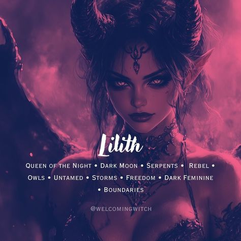 These traits make Lilith a complex and powerful figure, symbolizing both the fierce, independent spirit of women and the mystery of the unknown. She continues to be a symbol of feminine strength, autonomy, and the dark, shadowed aspects of existence. . . . . . . . . . #witchlife #witchesofinstagram #moonmagick #witch #witchcraft #pagan #spiritual #Spirituality #witchytips #witchyaesthetic #babywitch #modernwitch #greenwitch #magickaltools #beginnerwitch #magickalsupplies #witchy #witchtok #wi... Naamah And Lilith, Lilith Deity, Lilith Alter, Dark Goddess Aesthetic, Lilith Core, Witchy Practices, Lilith Aesthetic, Dark Witch Aesthetic, Lady Lilith