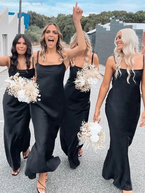 Black And White Wedding Theme, White Wedding Theme, Black Bridesmaids, Black Spaghetti, Future Wedding Plans, Future Mrs, Black Bridesmaid Dresses, Long Bridesmaid Dress, Black Tie Wedding