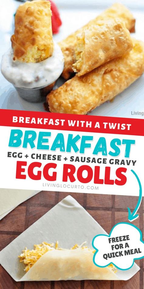 Breakfast Egg Rolls With Sausage Gravy, Sausage Egg Rolls Recipe, Cheesy Breakfast Egg Rolls, Breakfast Egg Rolls Recipe, Sausage Egg And Cheese Breakfast Rolls, Egg Roll Breakfast Recipes, Air Fryer Breakfast Egg Rolls, Breakfast Rolls With Eggs, Breakfast Eggrolls Air Fryer