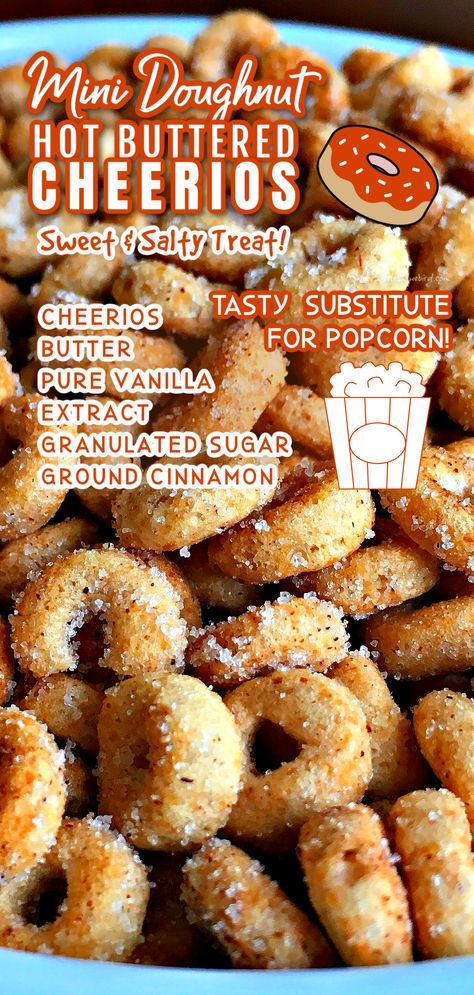 Mini Doughnut Hot Buttered Cheerios (Fried Cheerios) a fantastic sweet and salty treat that will remind you of your favorite fair food! Makes the perfect snack or appetizer! Mini Donut Fried Cheerios, Party Food Dessert Easy, Recipes With Multigrain Cheerios, Crackers Recipe Appetizers, Homade Chex Mix Recipe, Cheerios Dessert Recipe, Easy Things To Bring To A Party, Desserts With Cheerios, Sweet And Salty Appetizers