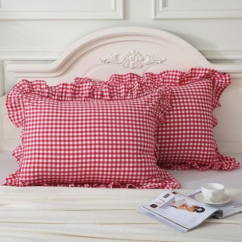 Amazon.com: Mywinlle Red/White Plaid Pillow Shams Standard Size Set of 2,Shabby Checkered Ruffle Pillow Cover Washed Cotton Pillowcases(20"x26",Red/White Plaid : Home & Kitchen Farmhouse Pillow Covers, Red Bedroom Decor, Plaid Pillow Covers, Ruffle Pillow, Farmhouse Pillow, King Size Pillows, Plaid Pillow, Red Home Decor, Dorm Ideas